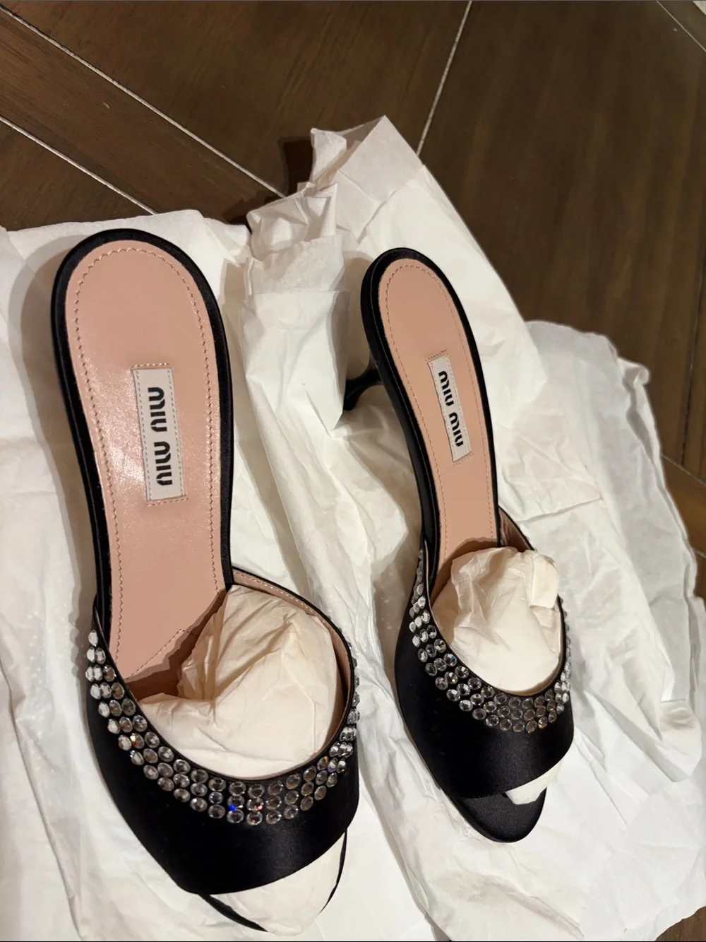 Miu Miu Black Satin Crystal-Embellished Slide Mules - Picture 1 of 6